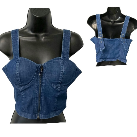 Story On Blue Denim Corset Bustier Top SZ M Women Crop Padded Hip Hop Retro - Picture 2 of 8